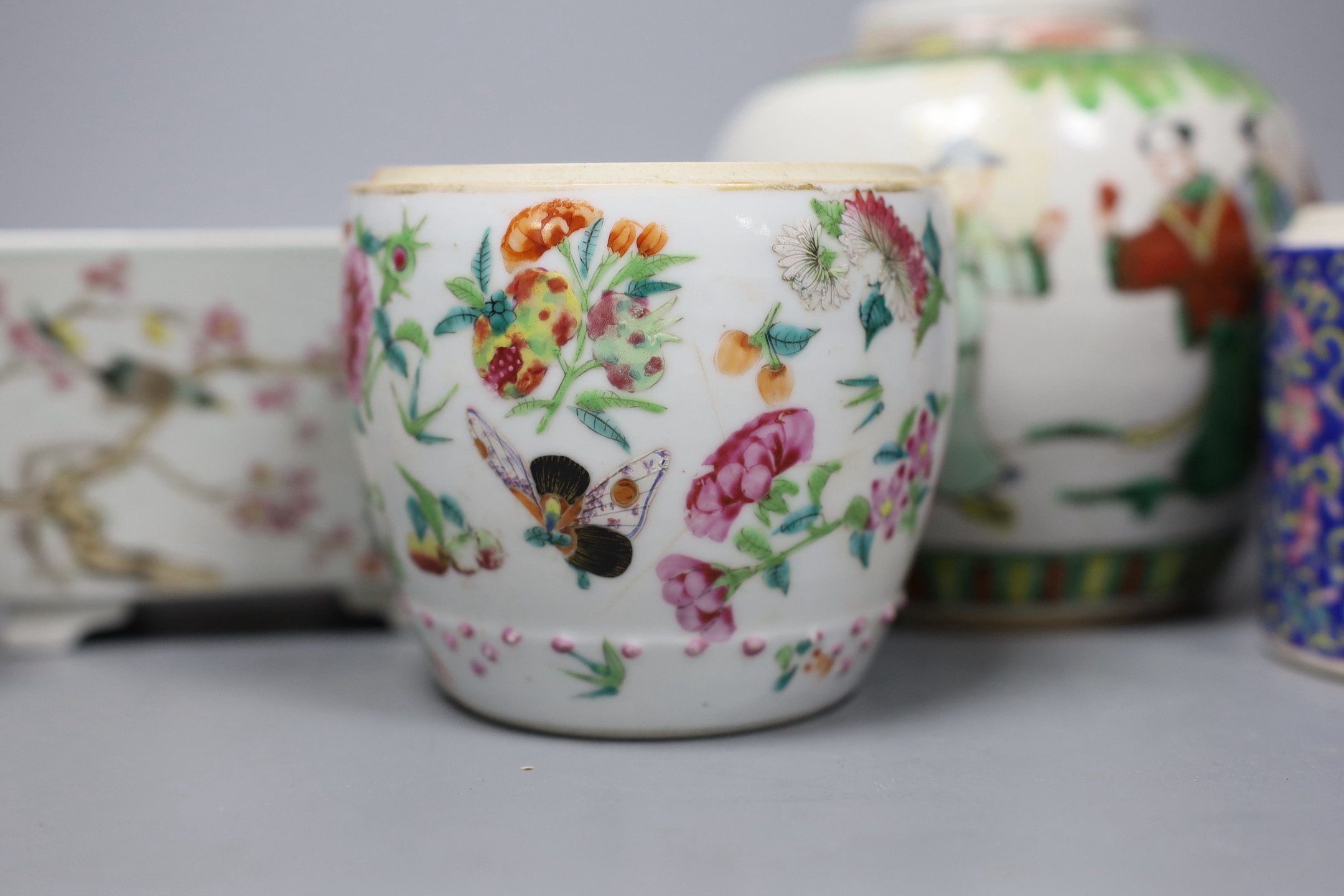 A Chinese famille verte ginger jar, together with three famille rose ceramics, a blue enamel box and cover, and a Chinese blue polychrome box (6)